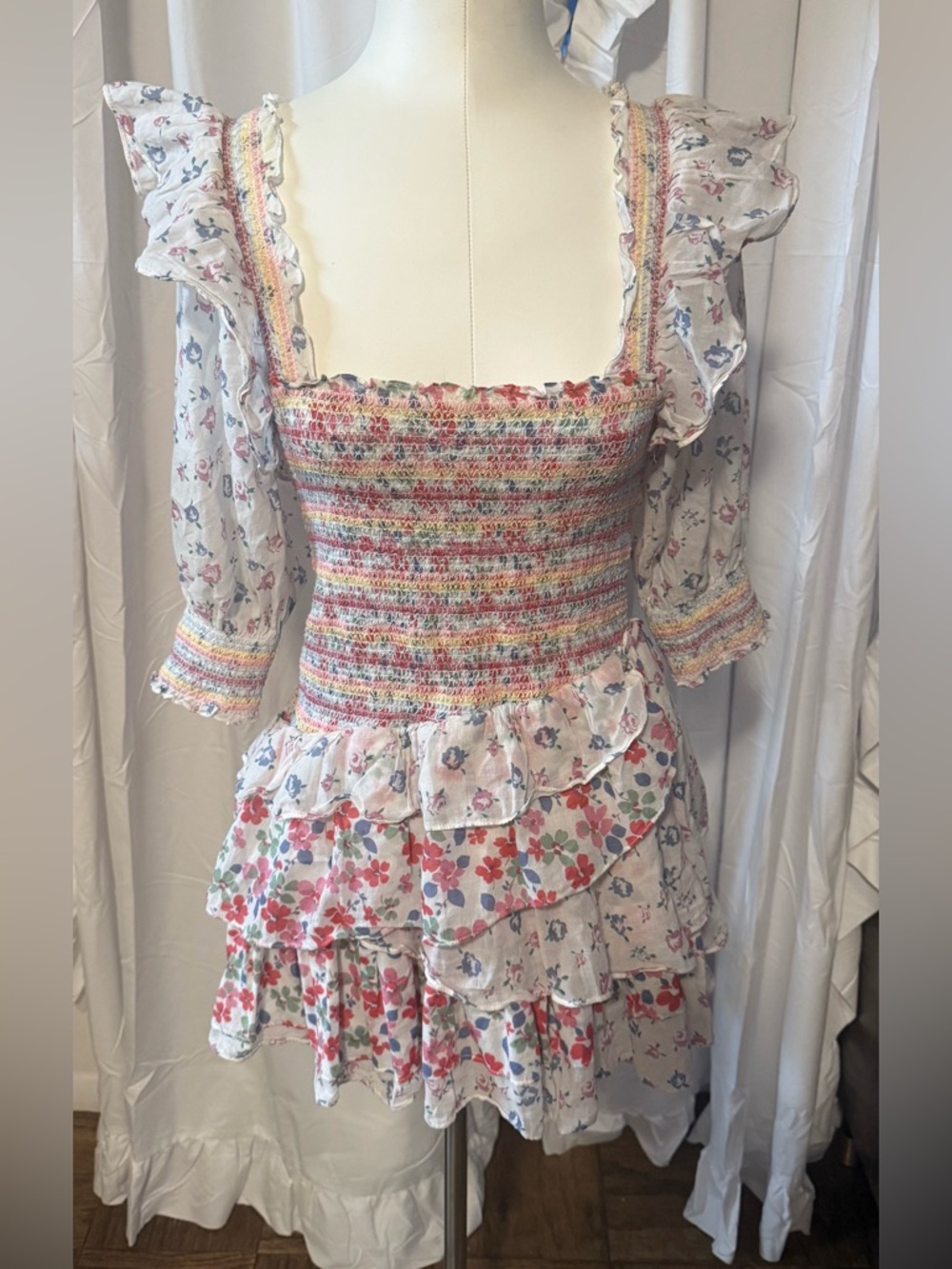 LoveShackFancy Floral Smocked Mini Dress - White, Pink, Blue, Green Small